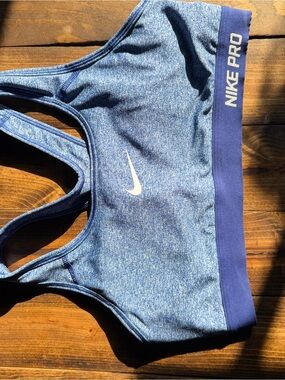 Nike Pro Heathered Blue Racerback Sports Bra with Navy Band